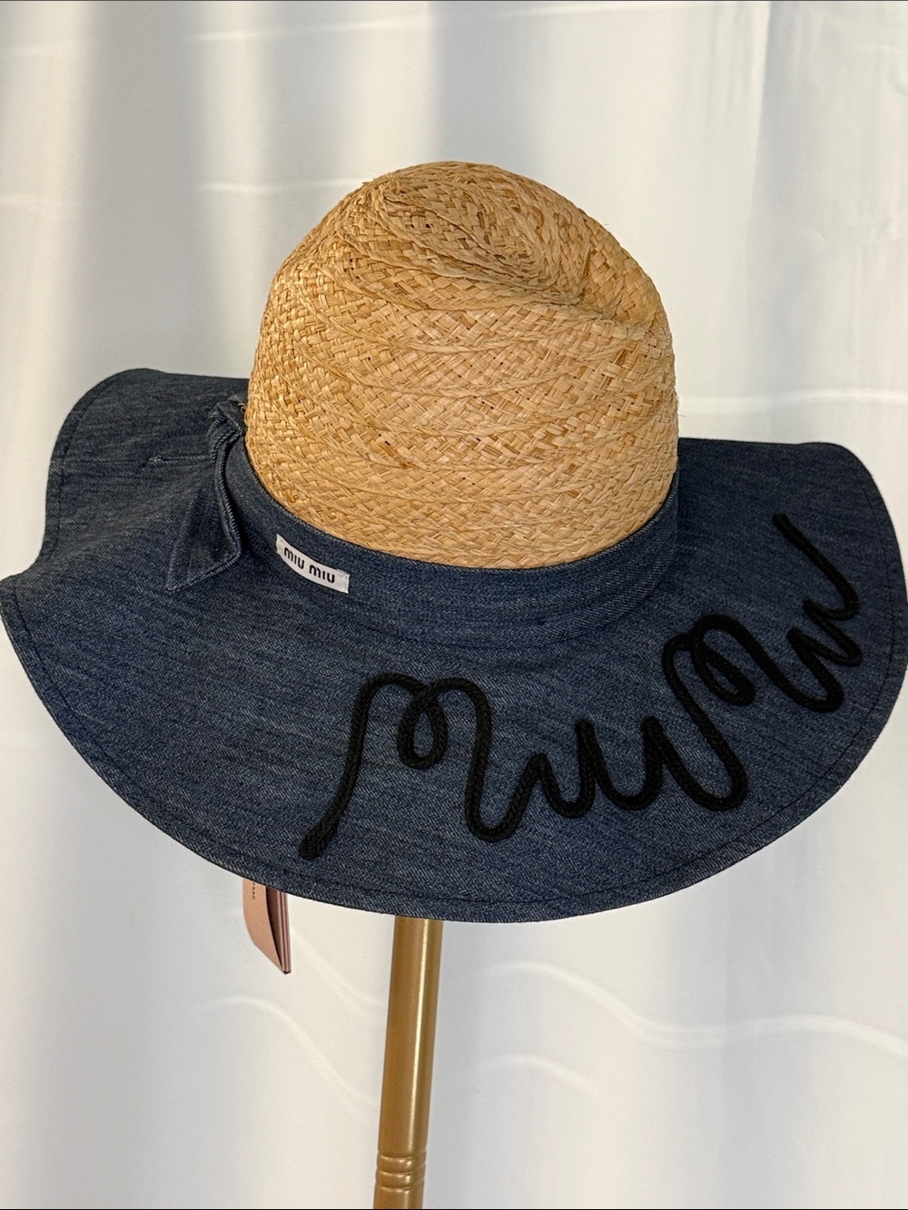Miu Miu Straw Crown with Navy Denim Wide Brim Hat